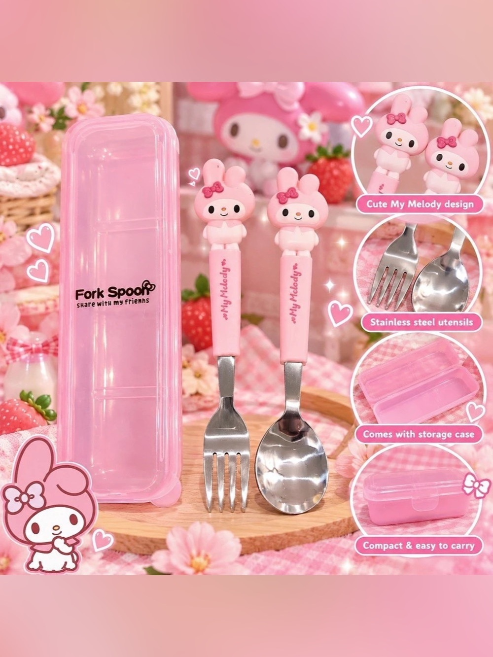 Sanrio My Melody Stainless Steel Fork & Spoon Set with Travel Case Pink Flatware